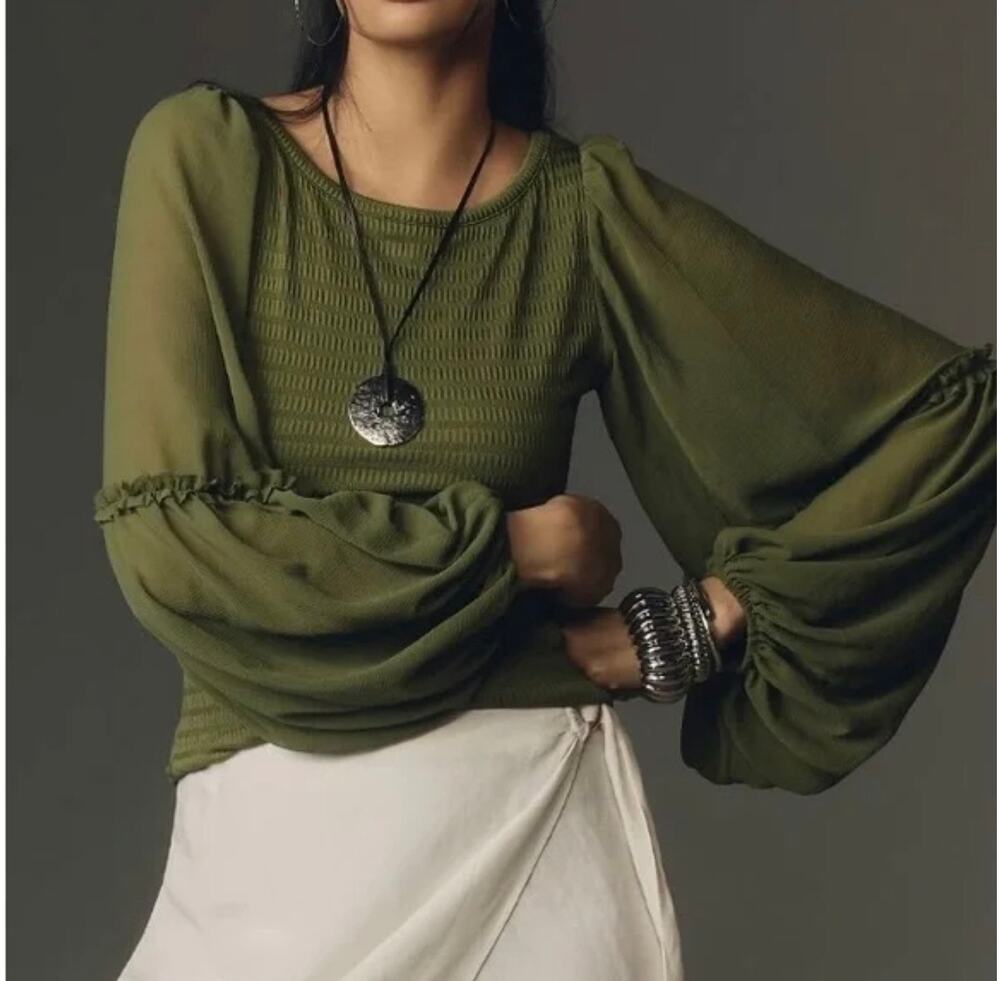 By Anthropologie Balloon-Sleeve Smocked Top, Green, Size Medium, NWT